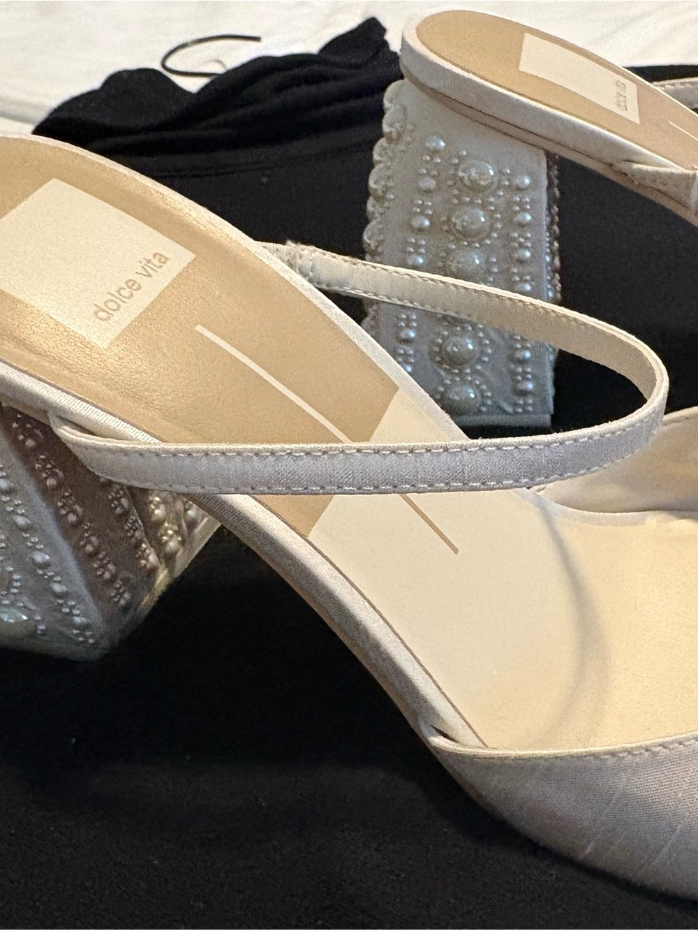 Dolce Vita Jemmy Ivory Satin Block Heel Sandals with Pearl-Embellished Heel - Picture 9 of 13
